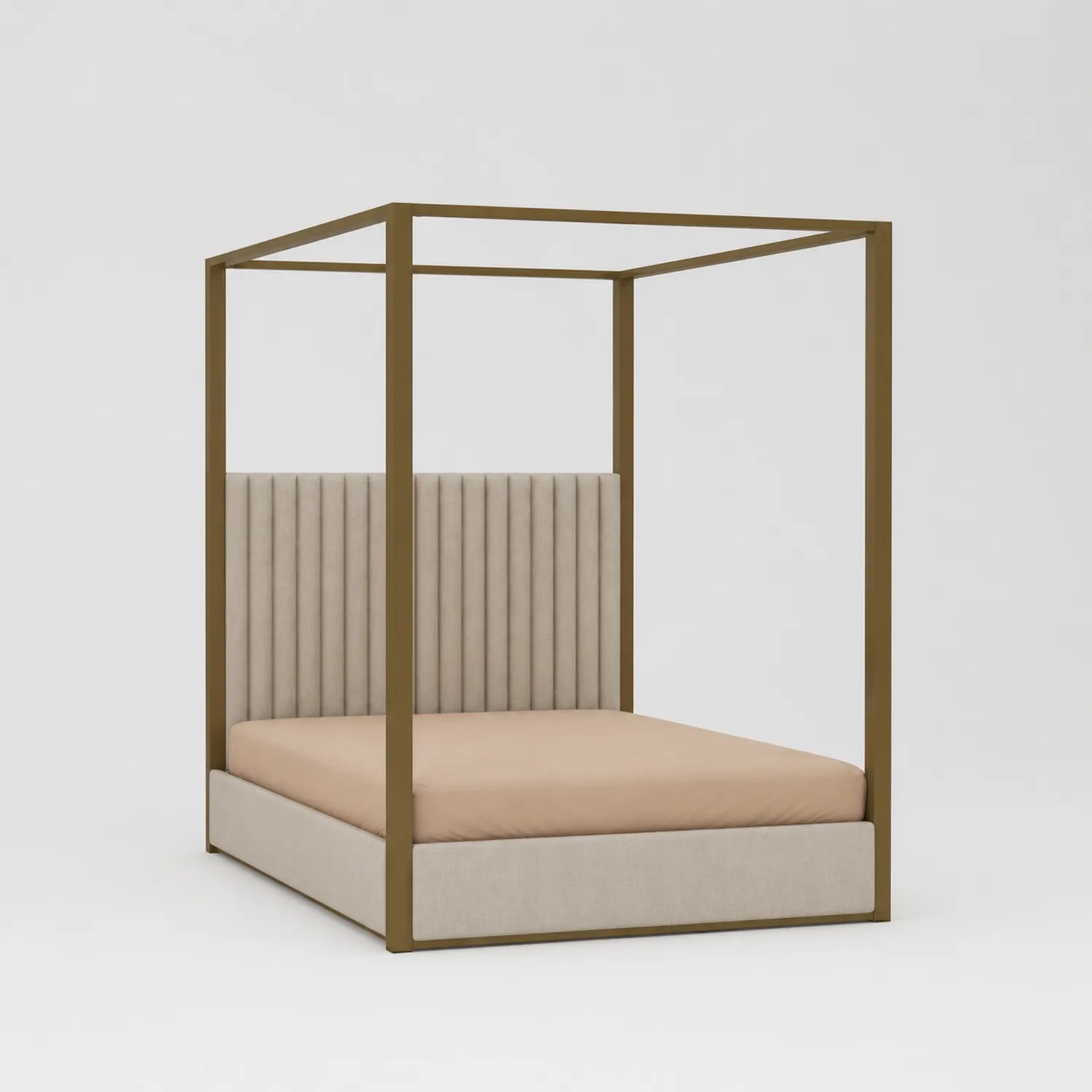 Cama con Dosel de Hierro y Tapizado en Beige