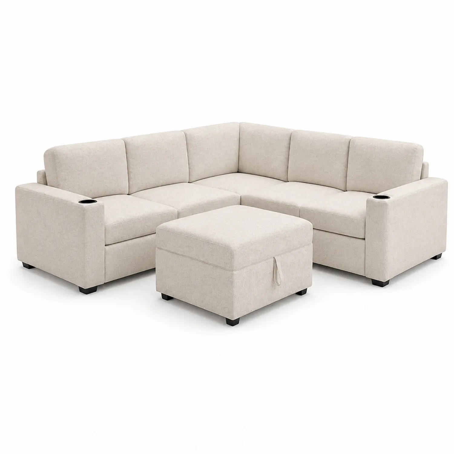 Sofá Seccional en Forma de L con Otomana en Tela Beige