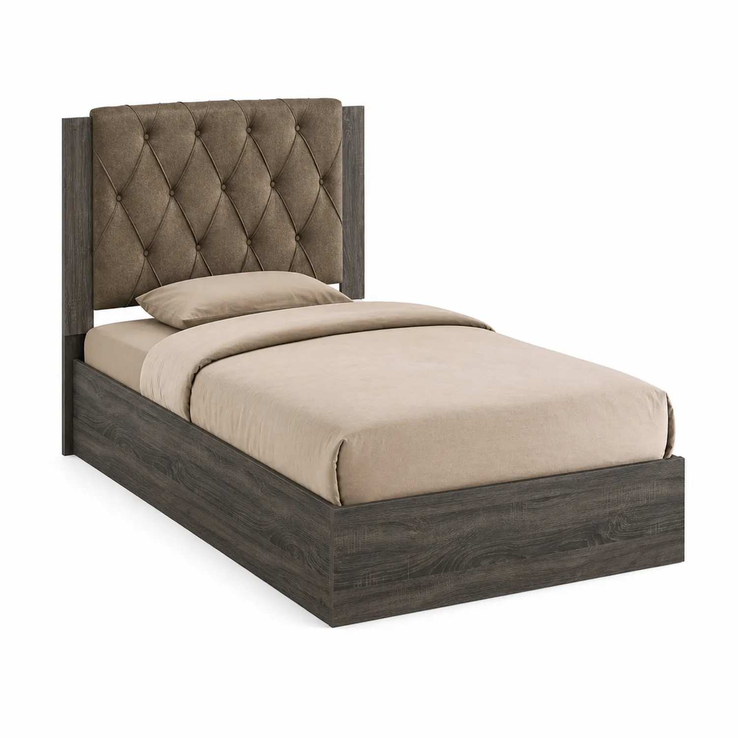 Cama Individual con Cabecero Tapizado de Tela y Estructura de Madera