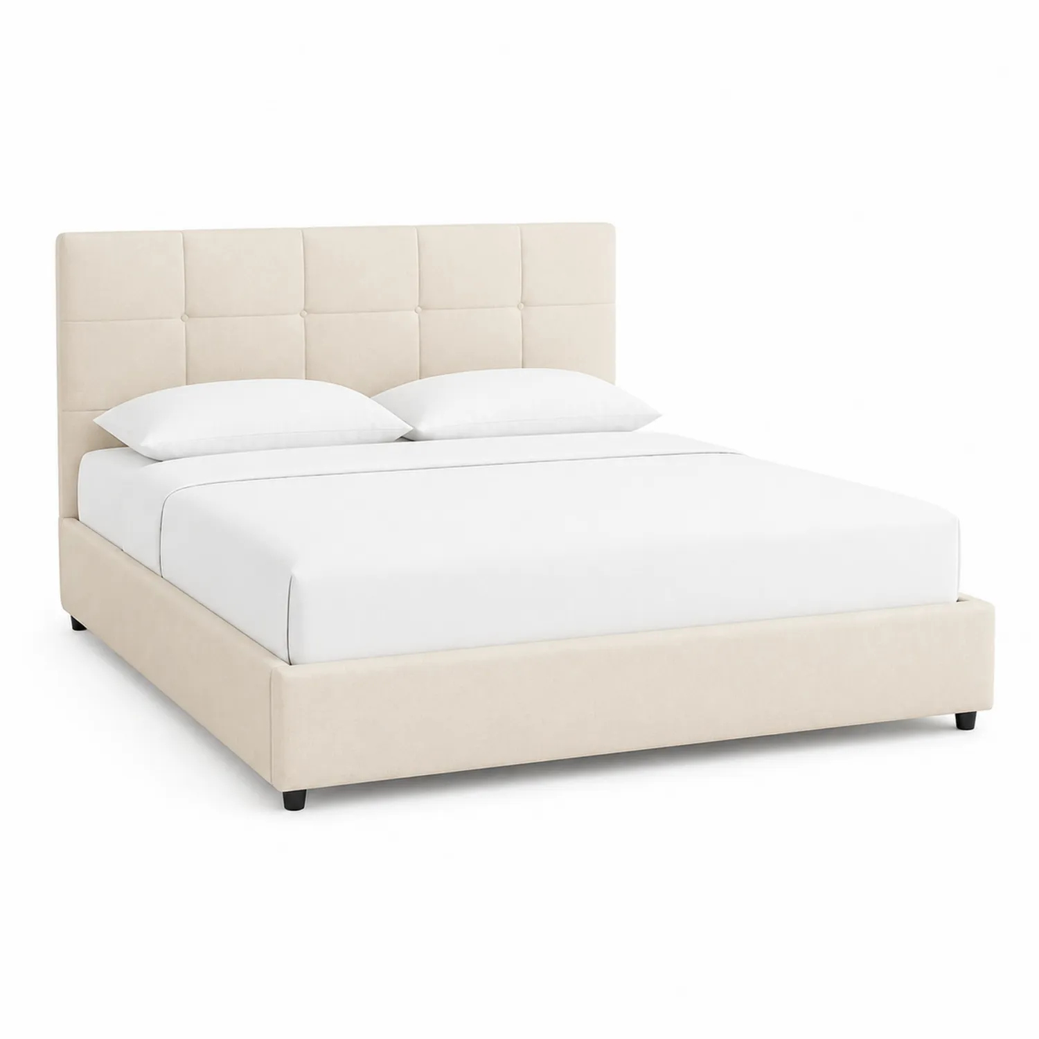 Cama tapizada beige con cabecero acolchado de tela y estructura de madera 200x160 cm