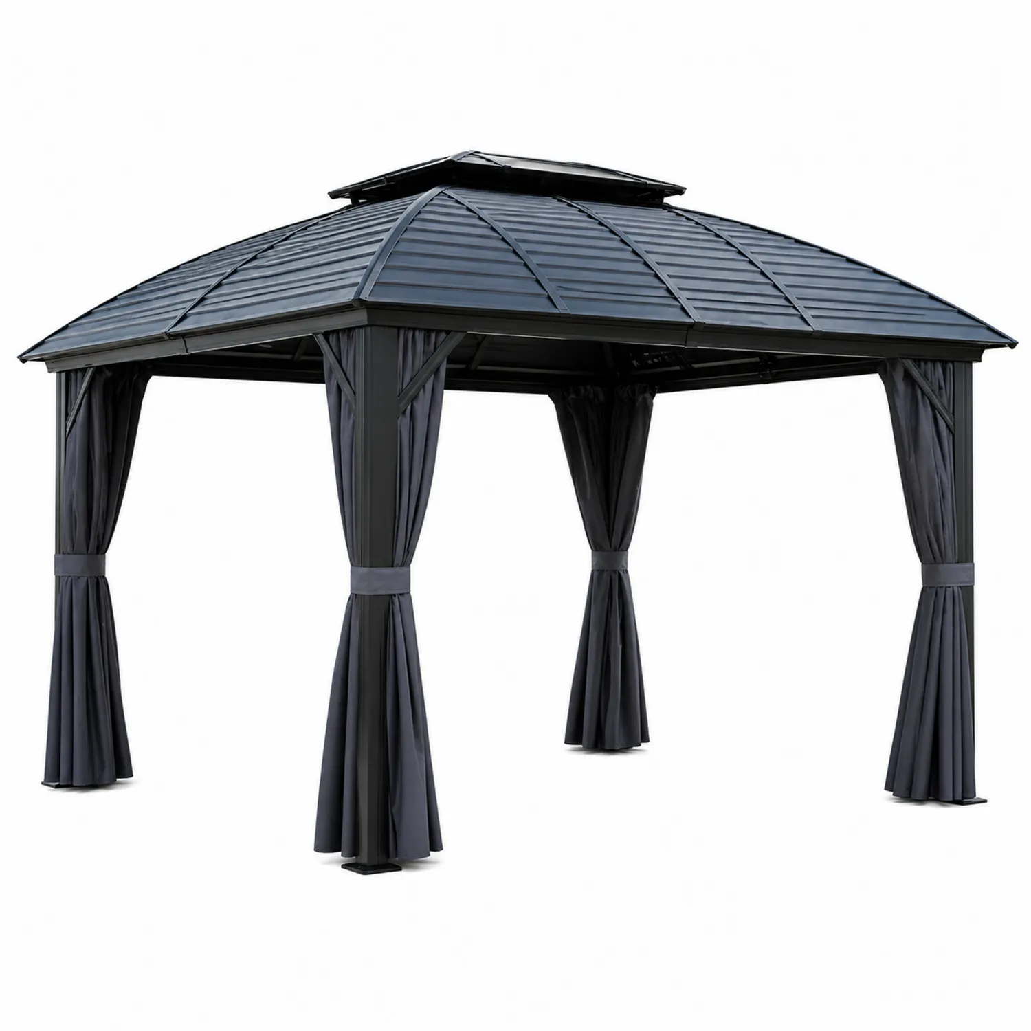 Pérgola de Aluminio con Techo de Acero y Cortinas Grises