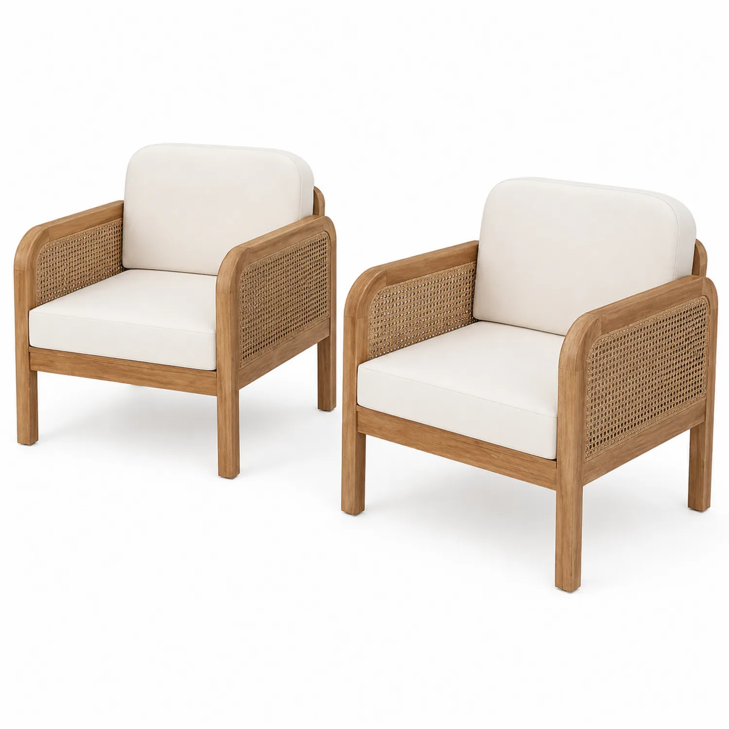 Set de 2 sillones de madera y ratán con cojines de poliéster