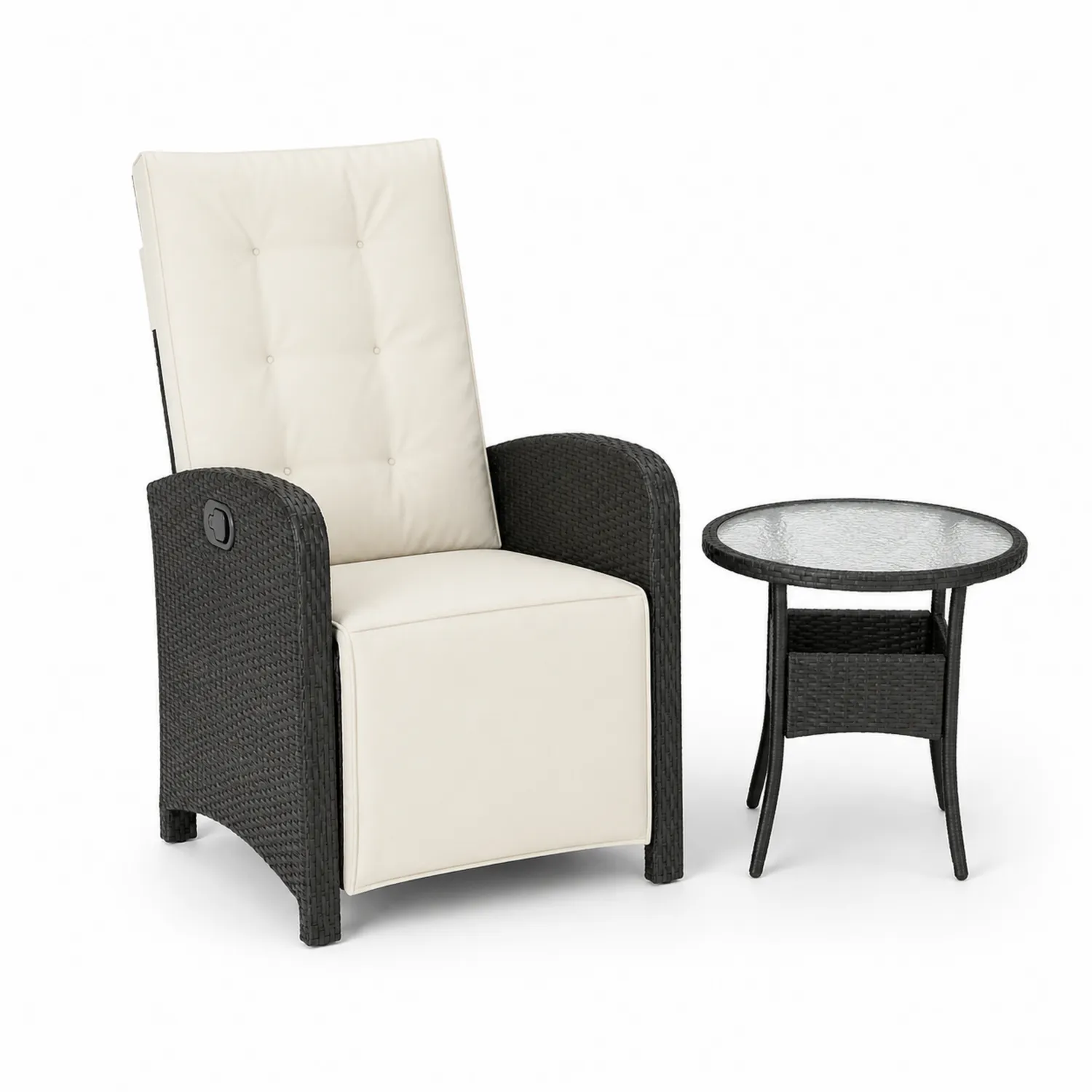 Conjunto de Sillón Reclinable de Ratán Sintético y Mesa con Vidrio Templado