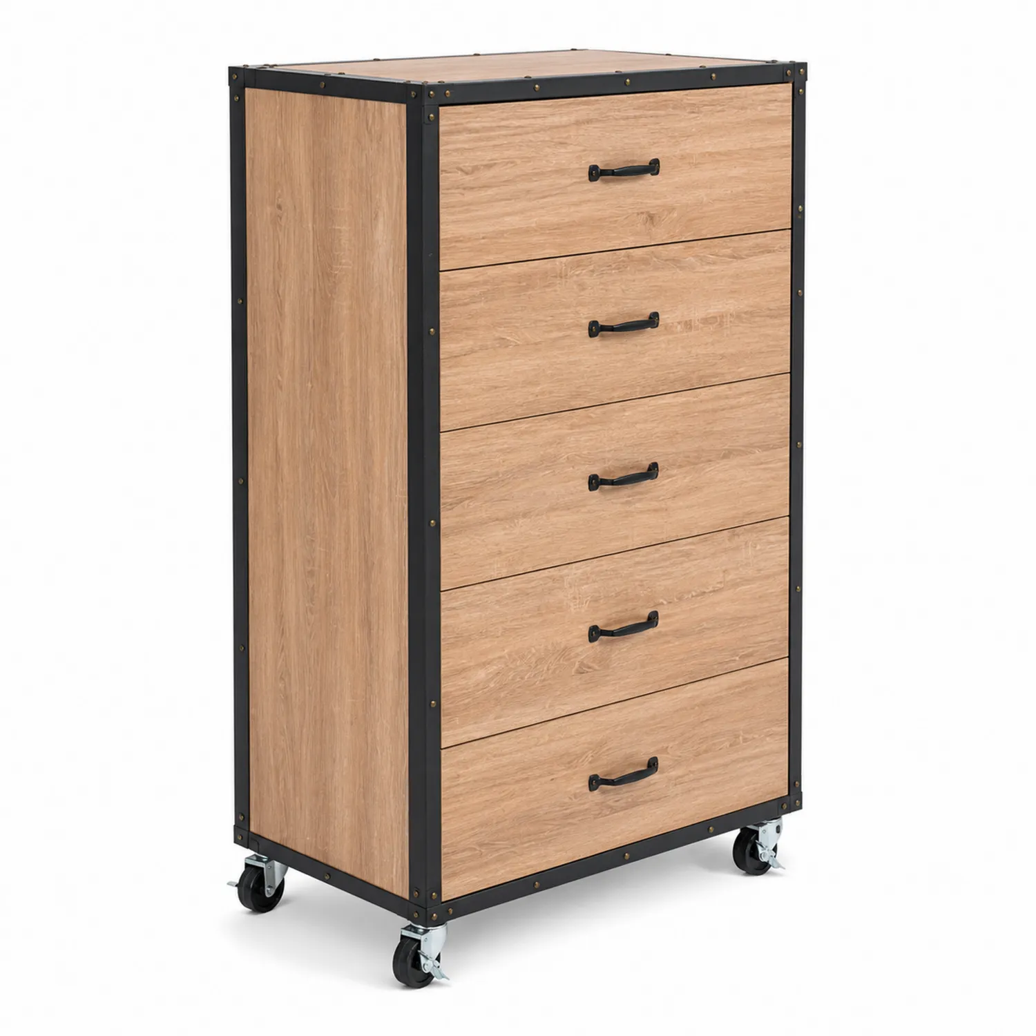 Cajonera de Madera de Roble con Ruedas y 5 Cajones