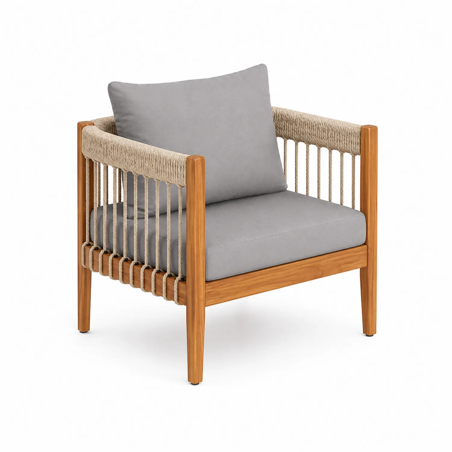 Sillón de madera de teca y cojines de poliéster gris