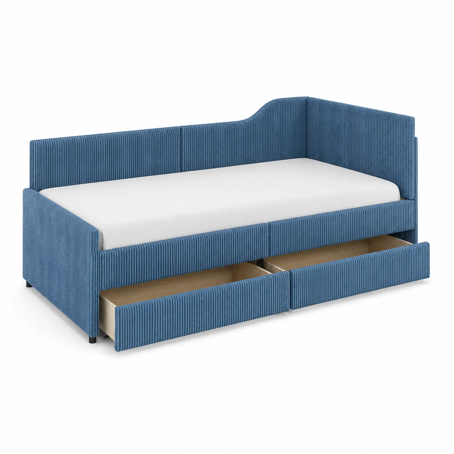 Cama nido de madera con tapizado de tela azul y cajones 200x90 cm