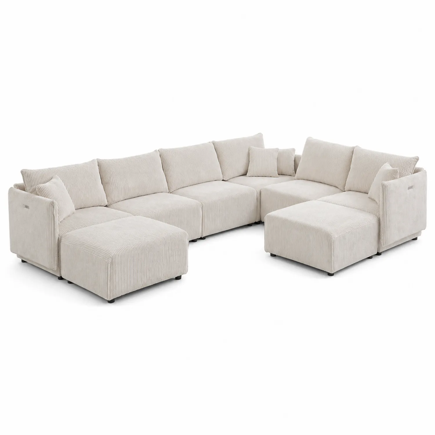 Sofá seccional en forma L de pana beige con módulos ajustables