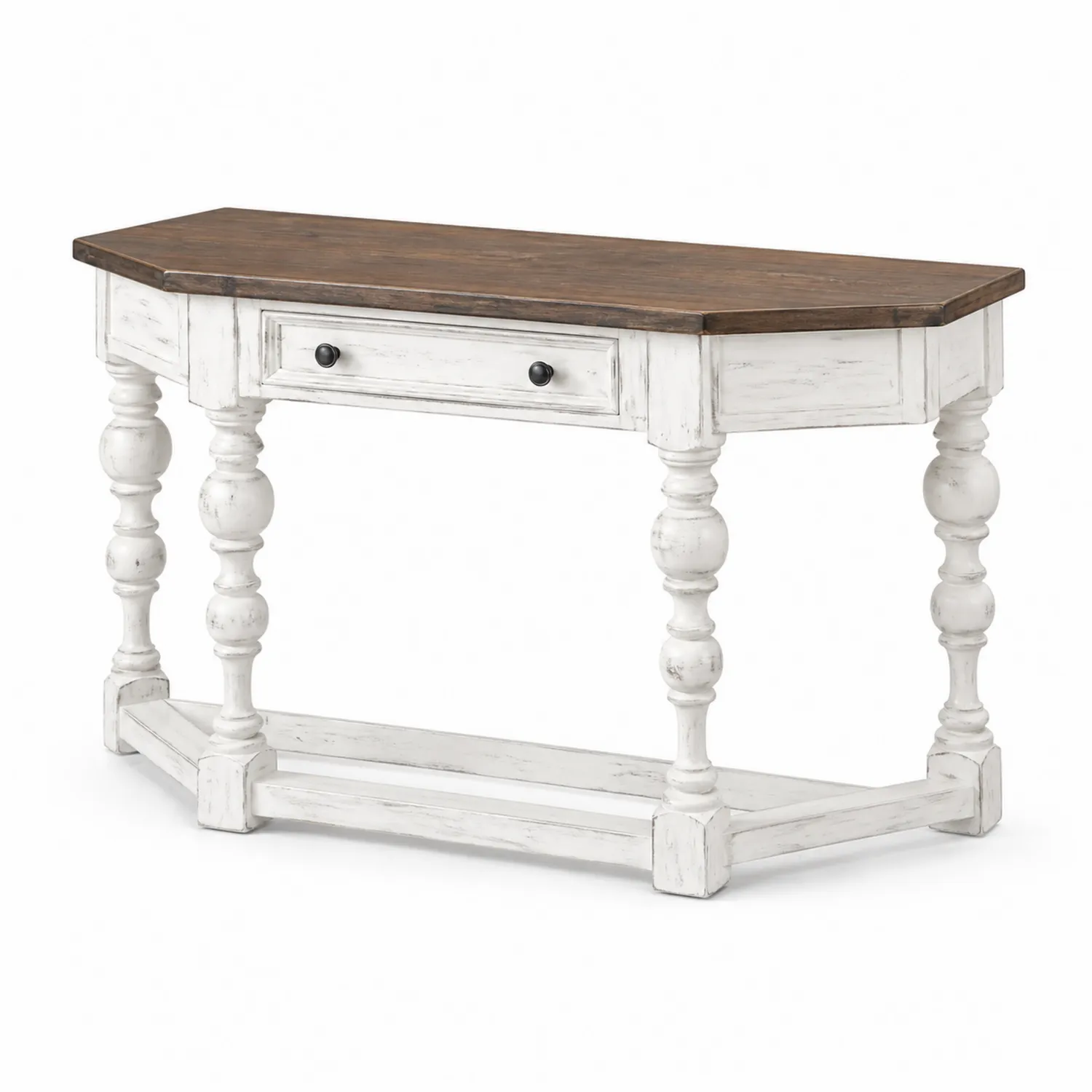 Mesa de recibidor de madera con cajón marrón y estructura blanca