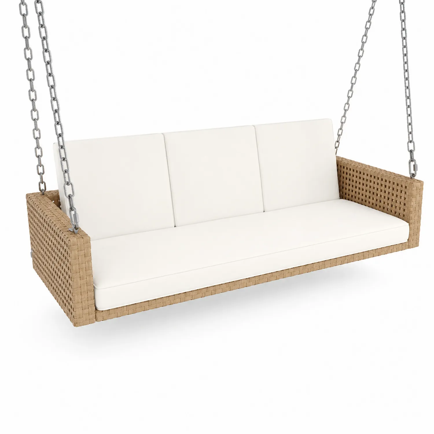 Columpio de porche de mimbre con cojines blancos 200x80x70 cm