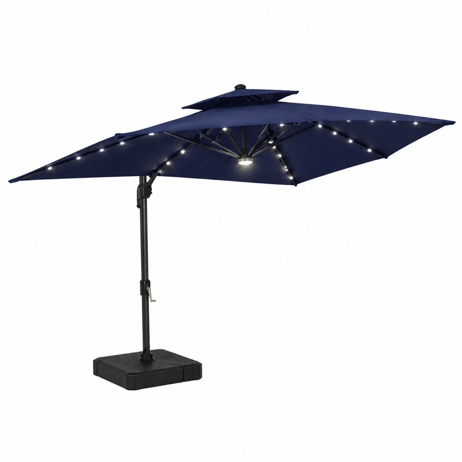Parasol de brazo lateral con luces LED, acero y poliéster azul, 300 cm