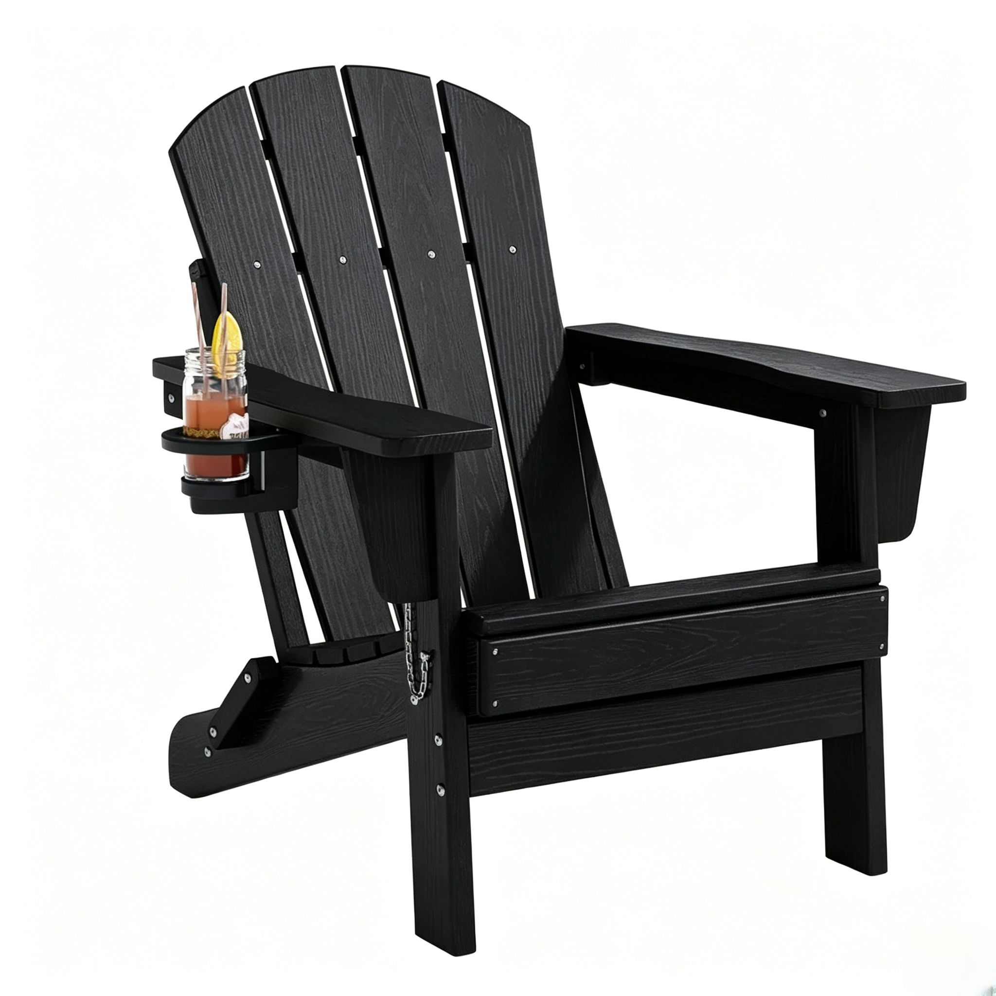 Folding Adirondack Chair, Navy‑Blue HDPE Patio Chair with Cup Holder, All‑Weather Wood‑Textured Outdoor Chair, Easy to Assemble for Backyard, Garden & Fire Pit