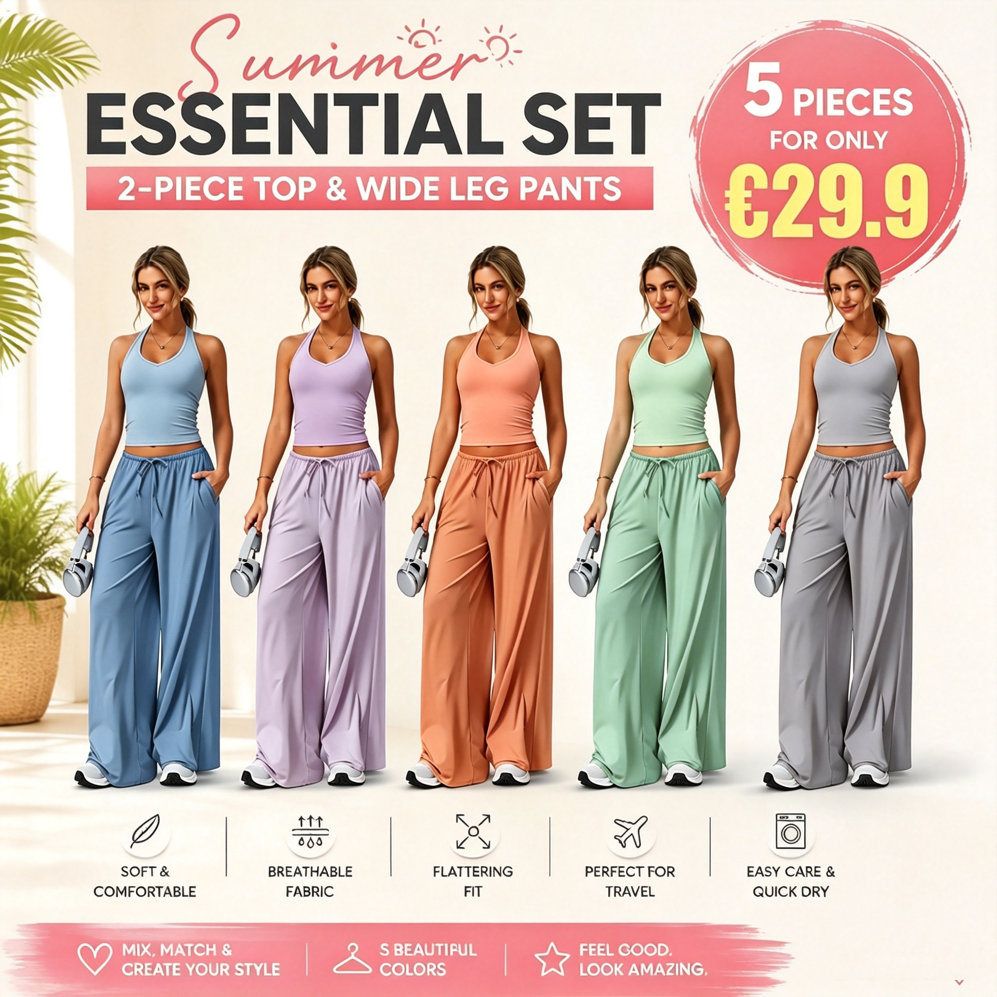 Women's 2-Piece Athleisure Outfits - Polyester-Silk Fitted Summervibe Sweatsuit, Adjustable V-Neck Strappy Top & Wide Leg Pants