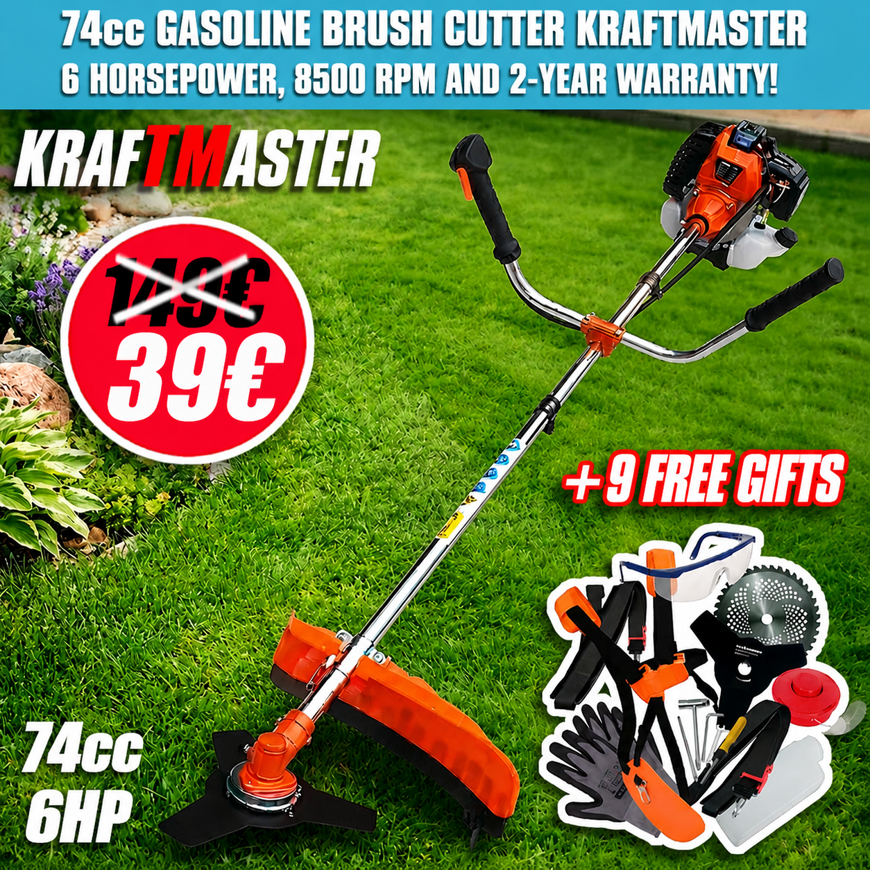 KraftMaster 74 Cubic Cm Petrol Trimmer Complete with Accessories