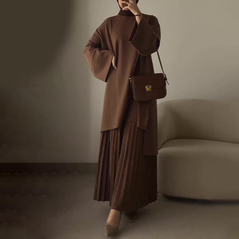 Solid Color Loose Casual Retro Dress Set