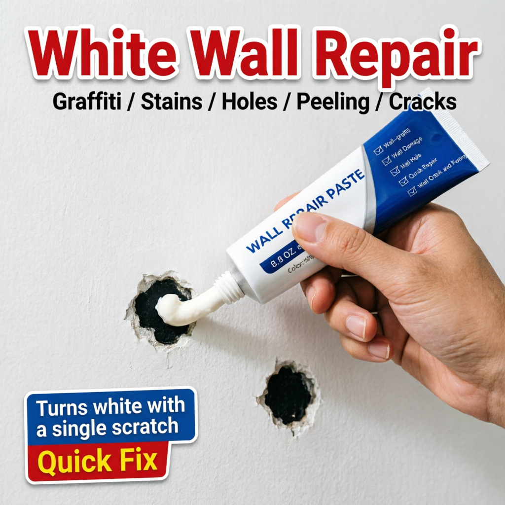 Wall repair paste for fixing cracks in walls, repairing graffiti, and preventing mold and moisture.
