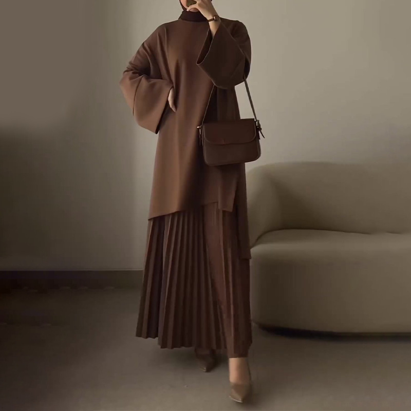 Solid Color Loose Casual Retro Dress Set