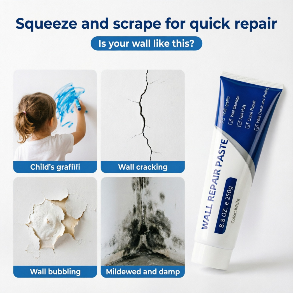 Wall repair paste for fixing cracks in walls, repairing graffiti, and preventing mold and moisture.
