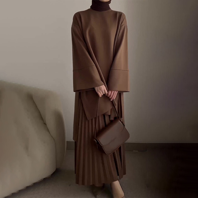 Solid Color Loose Casual Retro Dress Set