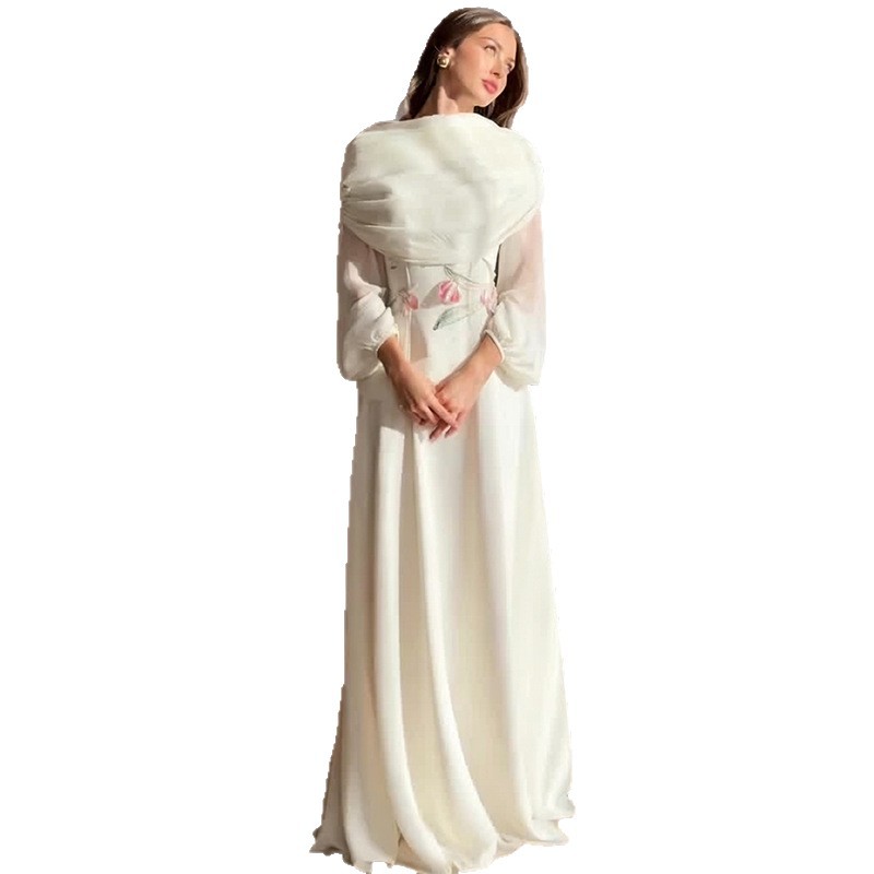 French-style elegant pleated waist white dress