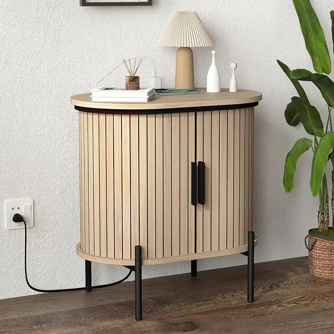 Chic Mid-Century Oak Wood Nightstand, Fluted Tambour Bedside Table with Charging Port, Storage Cabinet, Easy Assembly, Compact Wooden Side Table for Bedroom & Small Spaces