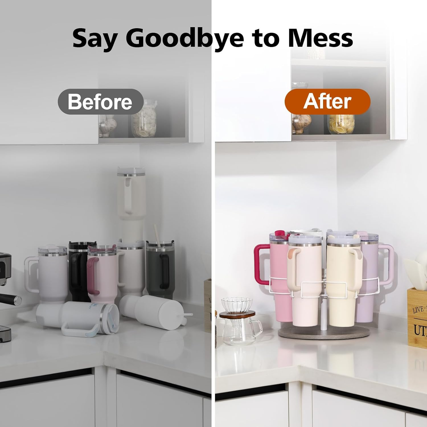 6 Tier Rotating Water Bottle Organizer, Tumbler Holder for Stanley 40oz, Cup Storage Rack for Kitchen Counter & Cabinet