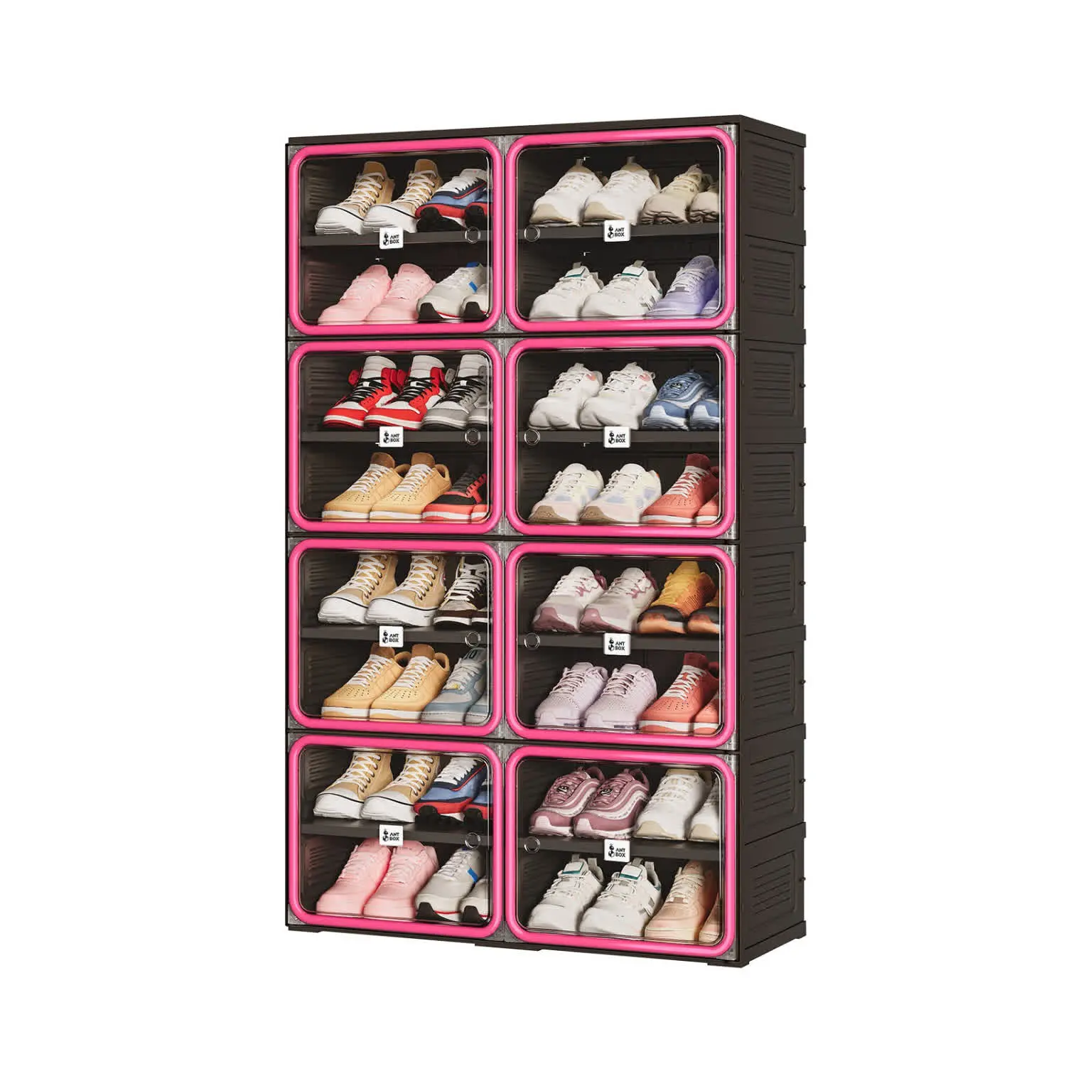 8 Tier Colorful Shoe Storage Cabinet, Black & Red Stackable Foldable Shoe Organizer with Magnetic Clear Doors, Large Capacity Sneaker Storage Cabinet for Bedroom, Closet & Apartment