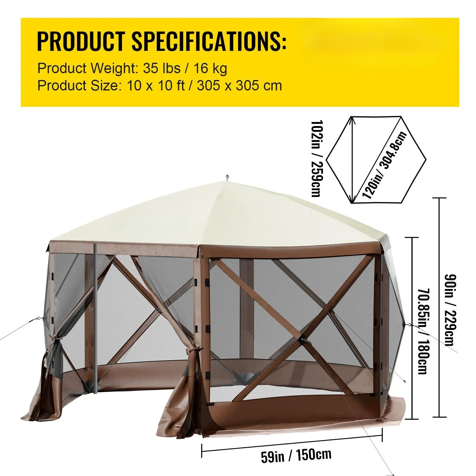 【SummerFinds】Camping Gazebo Screen Tent, 12*12ft, 6 Sided Pop-up Canopy Shelter Tent with Mesh Windows, Portable Carry Bag, Stakes, Large Shade Tents for Outdoor Camping, Lawn and Backyard, Brown/Beige