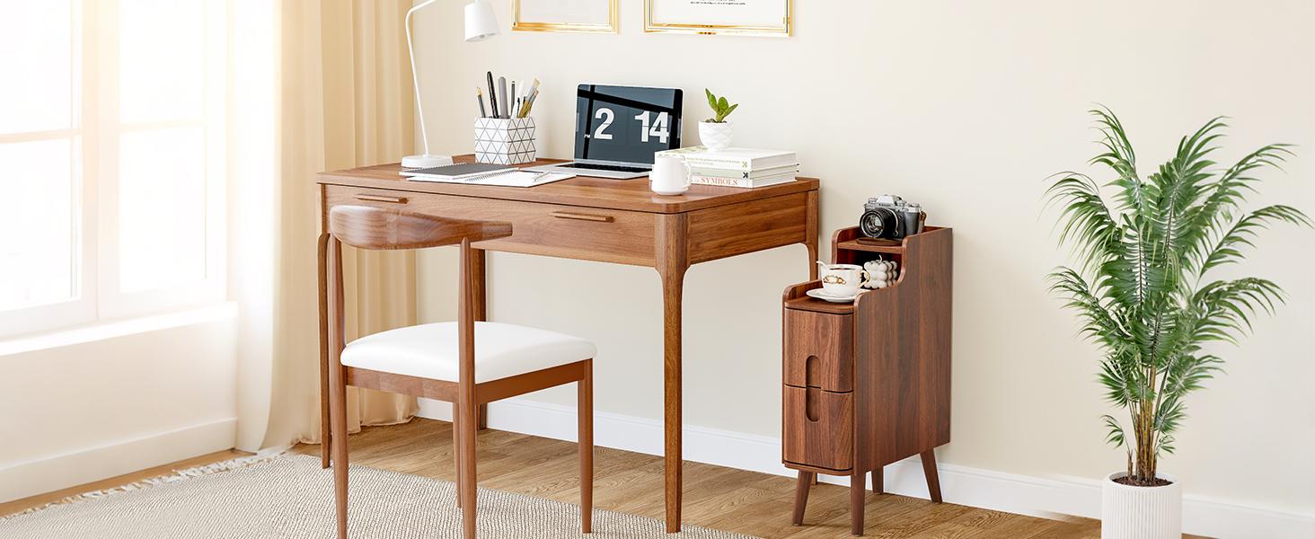 FurSch Narrow Wooden End Table with 2 Drawers, Small Nightstand for Bedroom, Compact Vintage Side Table for Living Room or Small Spaces