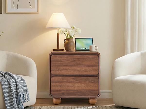 Giratree Small Night Stand with 2 Drawers, Mid Century Modern Nightstands with Solid Wood Legs, 2 Drawer Dresser Curved Profile Design End Table Side Table for Small Space, Dorm, Bedroom
