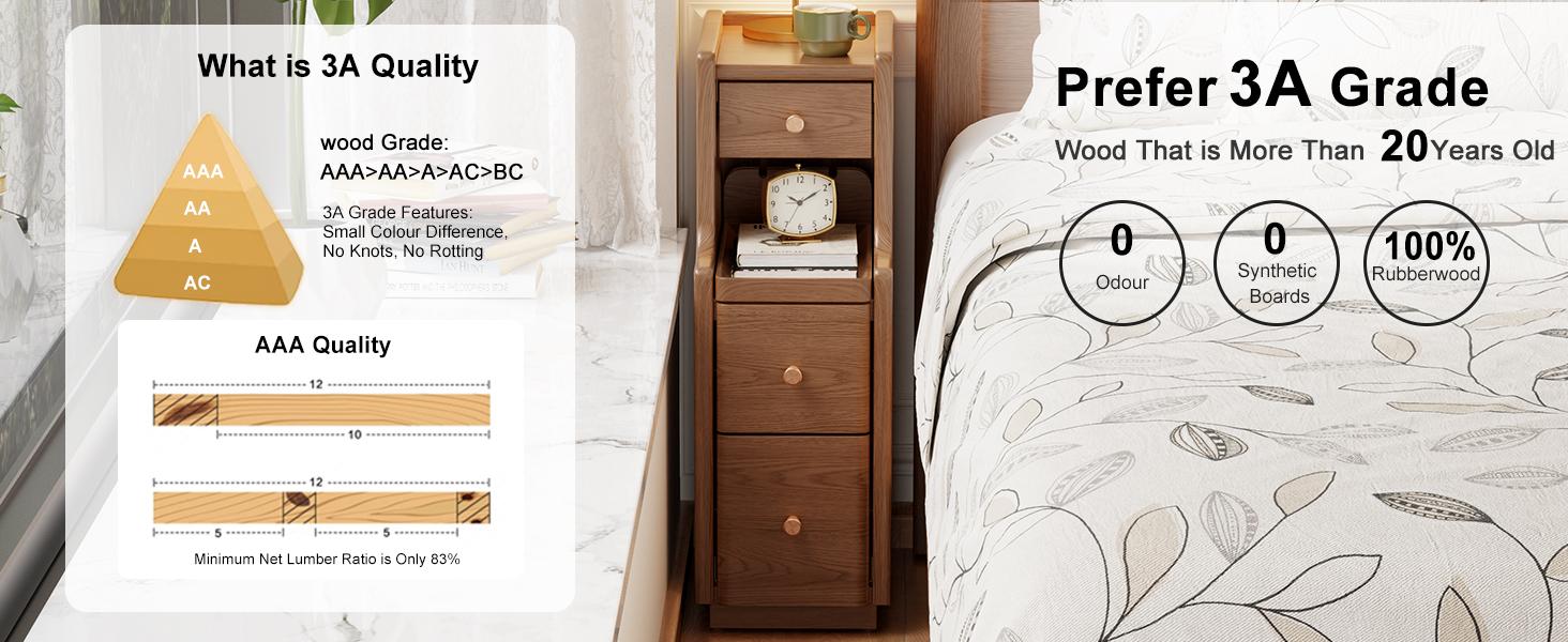 100% Solid Wood Fully Assembled Nightstand - Narrow 3-Drawer Slim Bedroom Table with Clean Aesthetic, Quiet Glide Drawers, Fits Between Beds for Small Room Ideas & Modern Bedroom