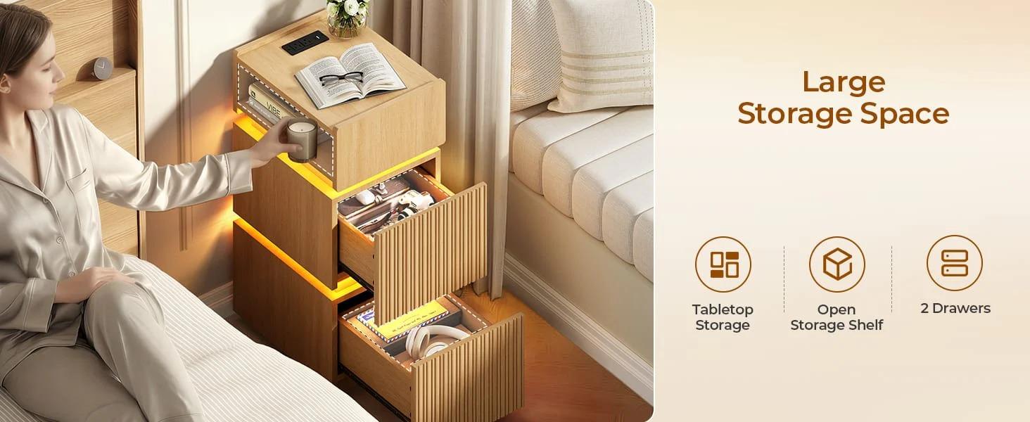 Sikaic Smart Skinny Fluted Engineered Wood Nightstand Bedside Table - 2 Drawers, 2 AC Outlets, 3-Color LED Strips, Charging Station, Raised Shelves, Groove Texture, Open Storage, Lipped Tabletop, Compact Modern Bedroom Furniture for Small Rooms Sikaic Smart Skinny Fluted Engineered Wood Nightstand Bedside Table - 2 Drawers, 2 AC Outlets, 3-Color LED Strips, Charging Station, Raised Shelves, Groove Texture, Open Storage, Lipped Tabletop, Compact Modern Bedroom Furniture for Small Rooms