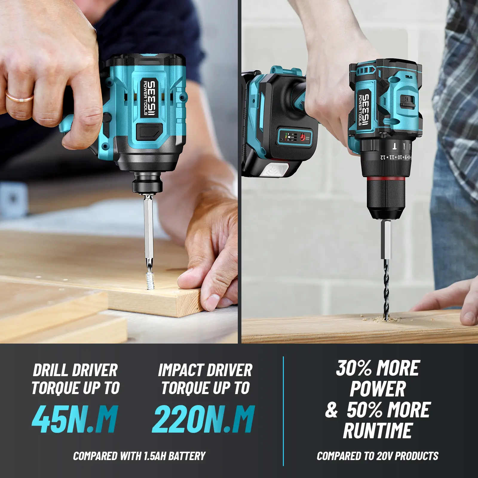 SEESII 3/8'' Brushless Cordless Drill and 1/4'' Impact Driver Combo Kit with 2 Batteries, 21V Max Electric Brushless Power Tool Set with Fast Charger