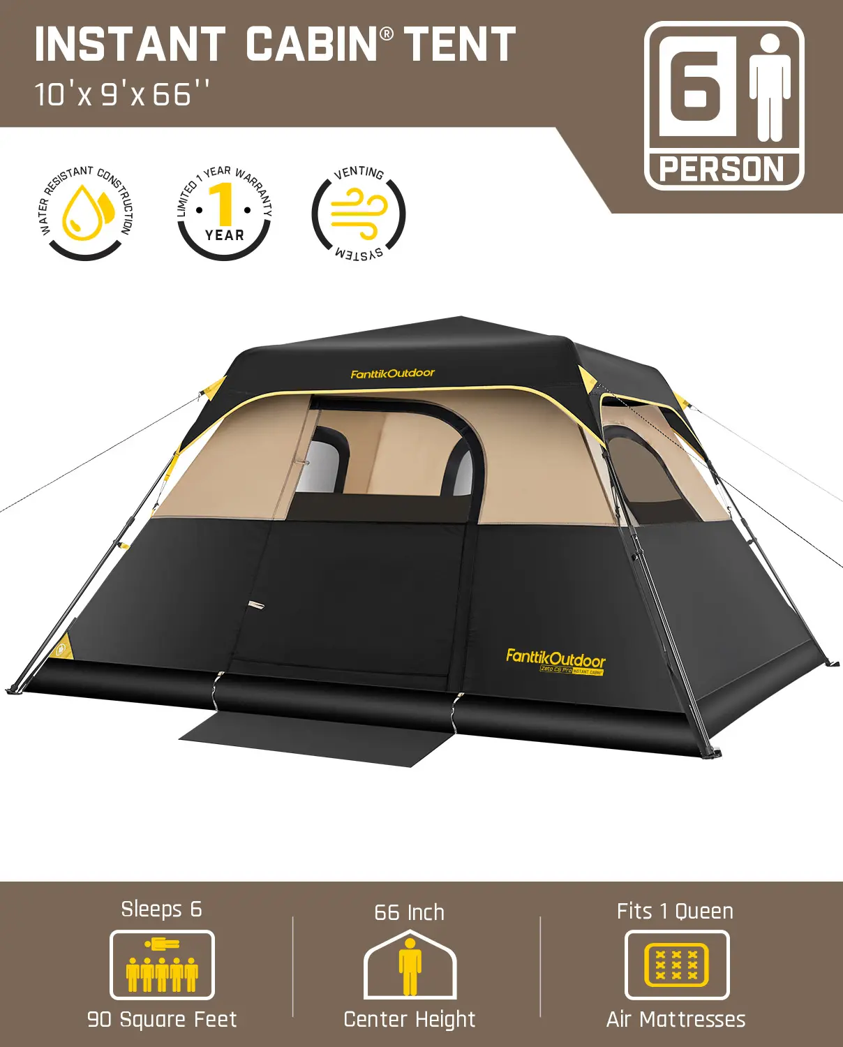 Fanttikoutdoor Zeta C6 Person Instant Cabin Tent/Alpha C4 Ultra 4 Person Pop Up Instant Cabin Tent Setup in 60 Seconds with Rainfly & Windproof Portable with Carry Bag for Family Camping & Hiking,SummerWins, Father's Day Gifts, Tents For Camping summerwin