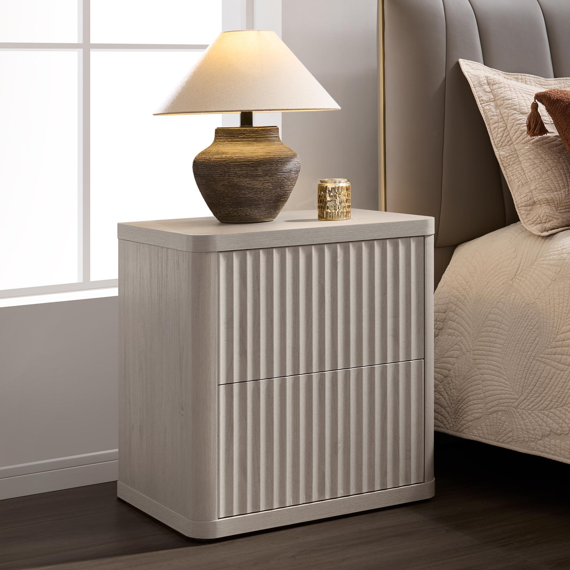 SICOTAS Set of 2 Wood Nightstands - 22.75" Wide Contemporary End Tables, Fluted Modern Bedside Table Cabinets with 2 Large Handleless Drawers, Curved Edges for Bedroom Small Spaces Furniture, Bedside Table Cabinet