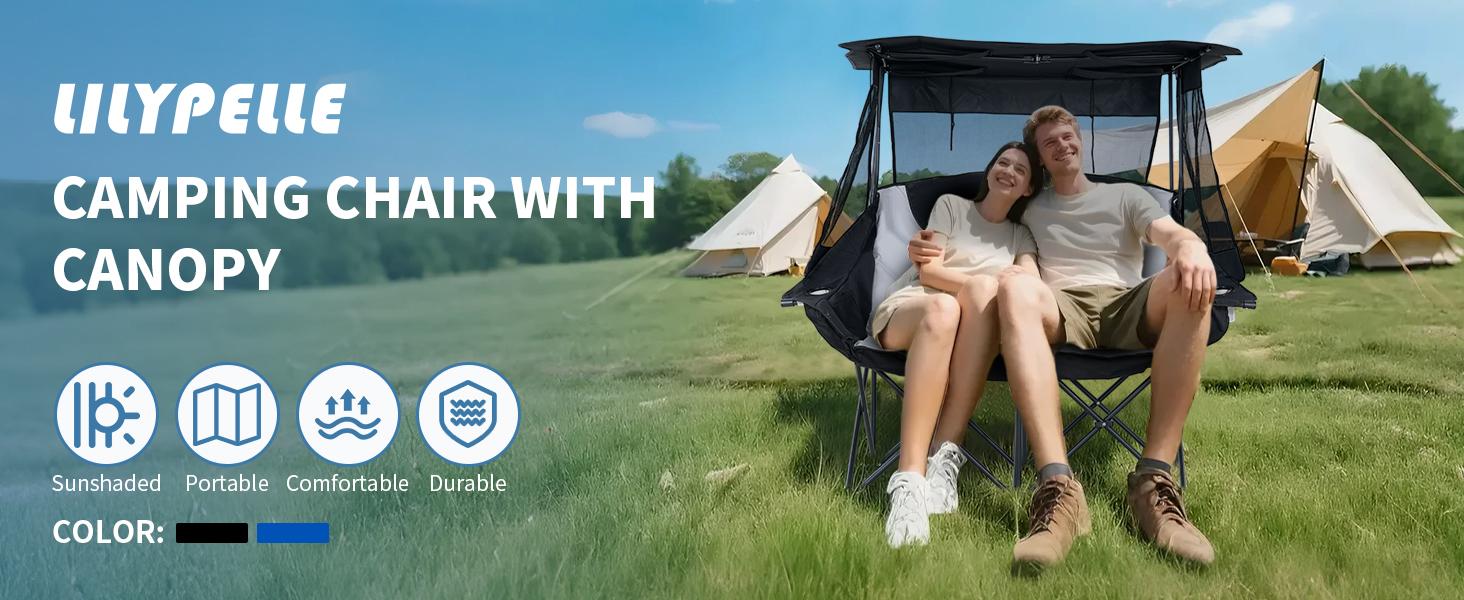 Lilypelle XXXL Double Camping Chair with Shade Canopy, 2 Person Folding Beach Chair with Cup Holder Carrying Bag, Heavy Duty Steel Frame Collapsible Camp Chairs for Outdoor Garden Patio Lawn Sports summergarden deskmakeover