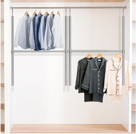 HULIABU Adjustable Double Hanging Closet Rod, Expandable Wardrobe Organizer, Space Saving Storage Rack, No Drill Clothes Hanger for Bedroom & Apartment