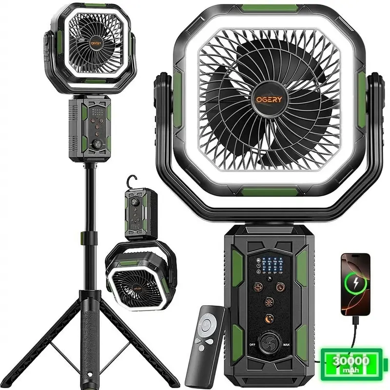 [SummerWins]Camping Fan with Detachable Tripod, 30000mAh Rechargeable Fan with LED Lights & 270° Pivot,4 in 1 Cordless Camping Fan