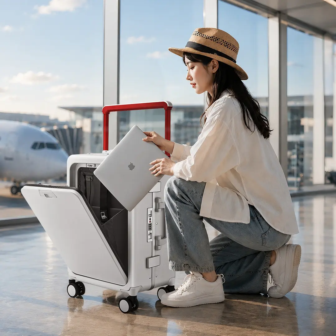 Polycarbonate Carry On Luggage with Front Opening, Waterproof Buckle Closure, Innovative Wide-Handle, 360° Spinner Wheels with Brakes & USB Port, 4 Wheels 360 Rotation, Water Resistant, Anti-Theft