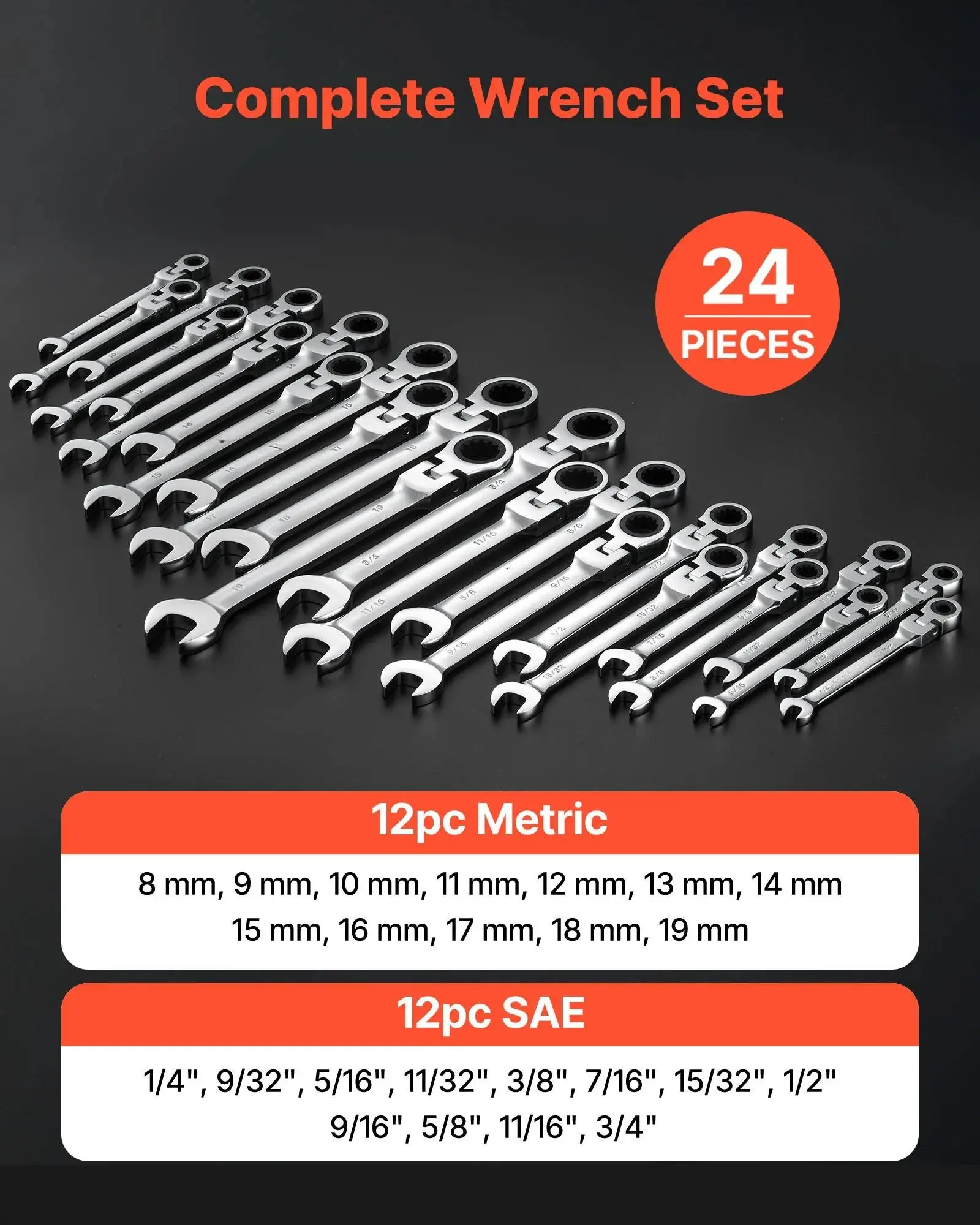 24-Piece Flex-Head Ratcheting Wrench Set - SAE & Metric, 72-Teeth Cr-V Steel Double-Ended Spanners & Wrenches with Micro Swing, Storage Case, Tools and Gadgets for Household, Mechanic Tools, Car Stuff (Silver, Father’s Day Gift), Automotive, Car Acc