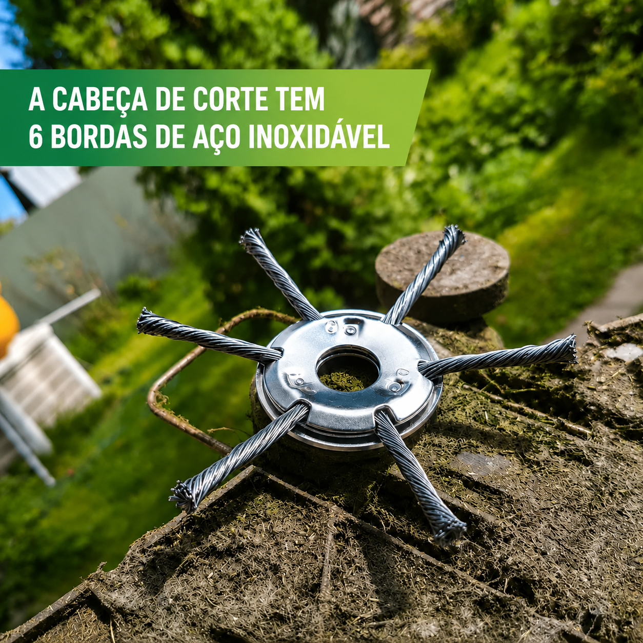⚡ A cabeça do cortador de relva possui 6 lâminas em aço inoxidável