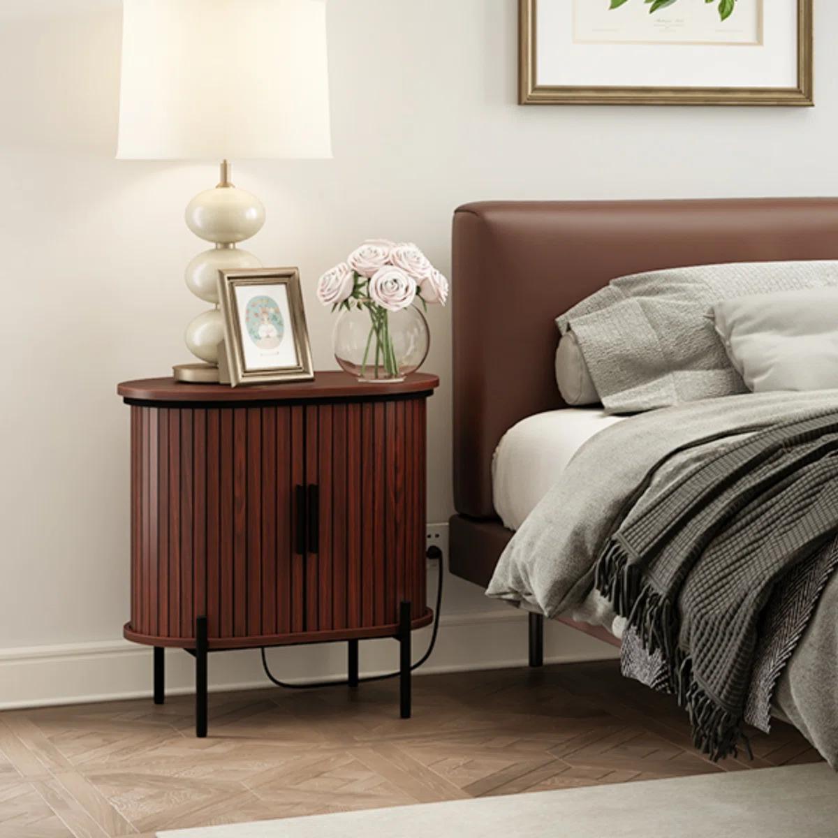 EBELLO Chic Mid-Century Oak Wood Nightstand Bedside Table - Wooden Tabletop Bedroom Home Decor, Fluted Door, Tambour Design, Charging Port, Storage, Easy Assembly Required, Small Space Apartment Furniture, Holiday Fast Delivery, Fast Christmas Delivery