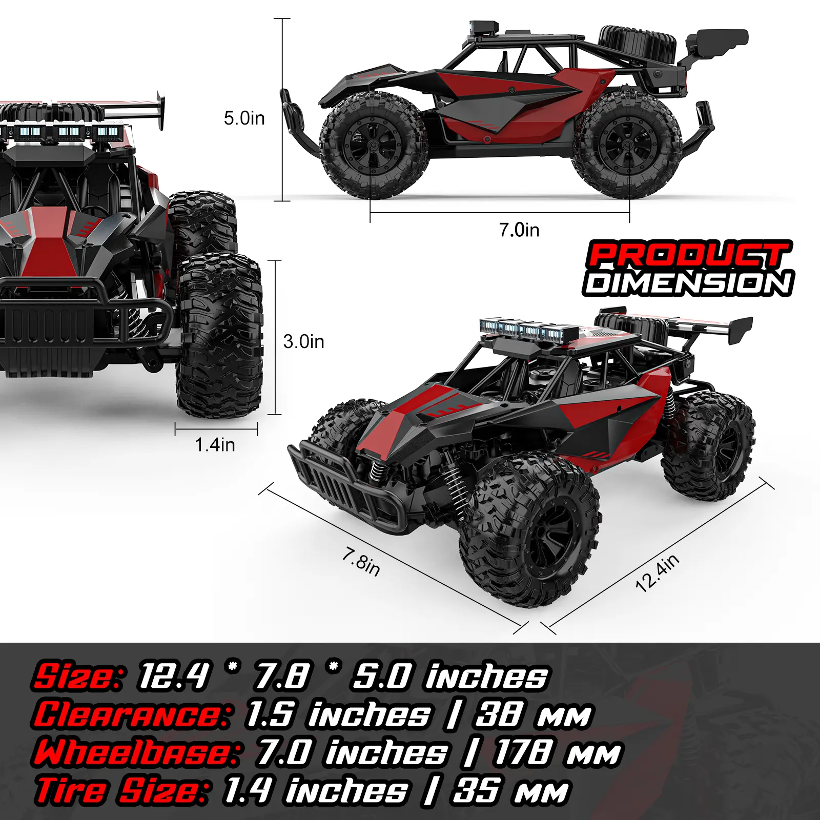Remote Control Car - 2.4GHz High Speed 33KM/H RC Cars Toys, 1:12 Monster RC Truck Off Road with LED Headlight and Rechargeable Battery Gifts for Adults Boys 8-12 rc car Outdoorfun Durable