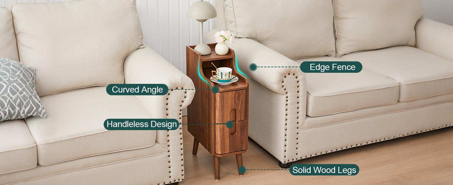 FurSch Narrow Wooden End Table with 2 Drawers, Small Nightstand for Bedroom, Compact Vintage Side Table for Living Room or Small Spaces
