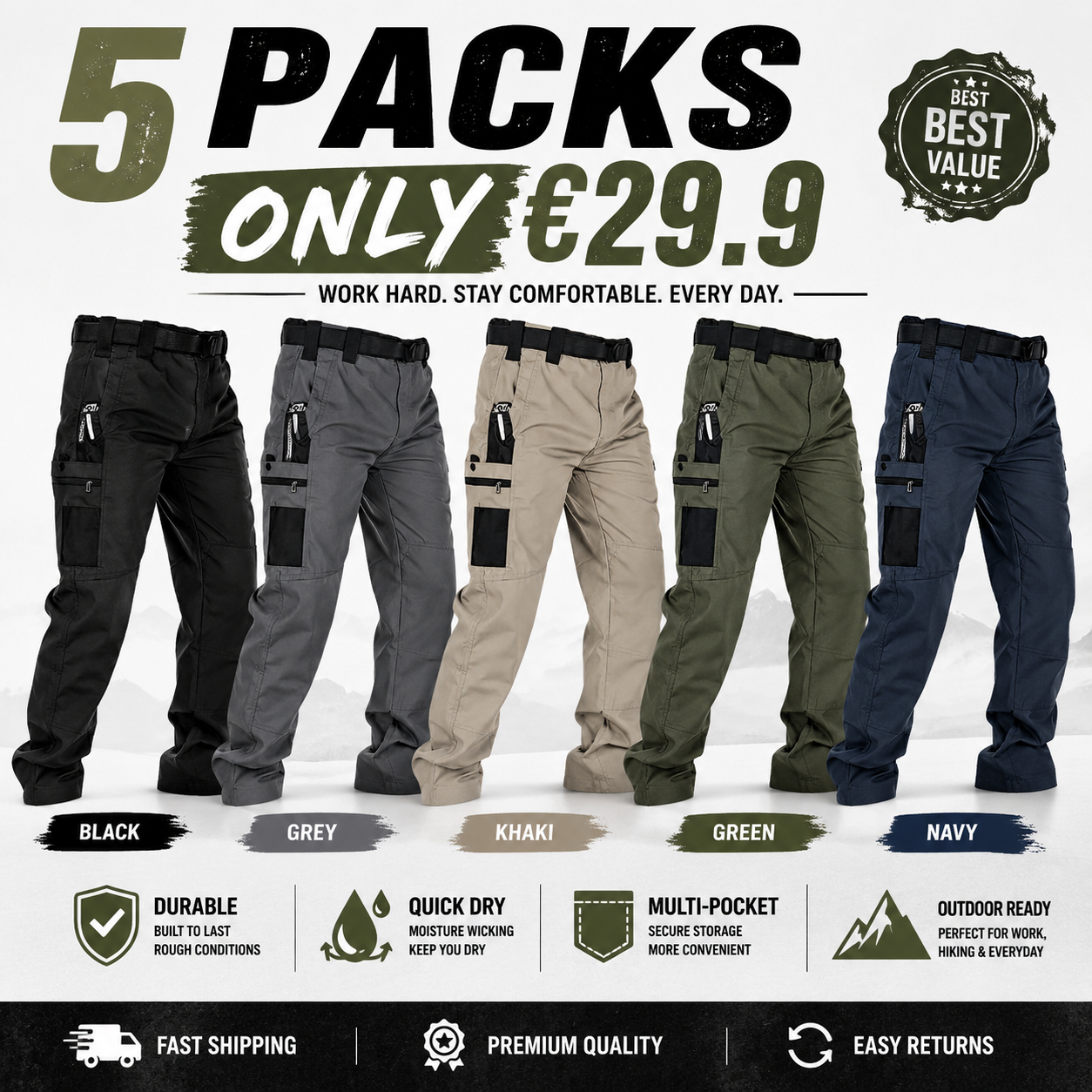 Men's Solid Color Tactical Work Pants