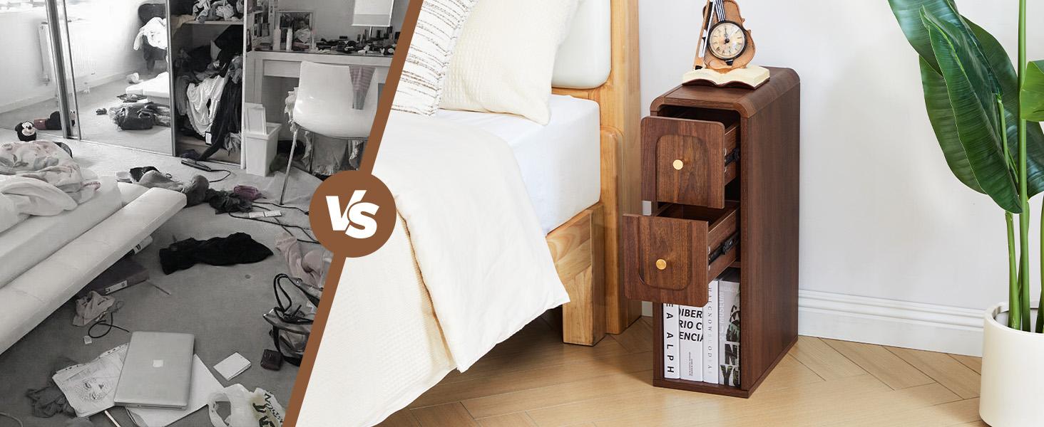 Giratree 23.62" Narrow Nightstand with 2 Drawers, Small Bedside Tables, Mid-Century Modern Slim Night Stand with Storage, Wooden End Table for Small Spaces, Bedroom, Living Room Giratree 23.62" Narrow Nightstand with 2 Drawers, Small Bedside Tables, Mid-Century Modern Slim Night Stand with Storage, Wooden End Table for Small Spaces, Bedroom, Living Room