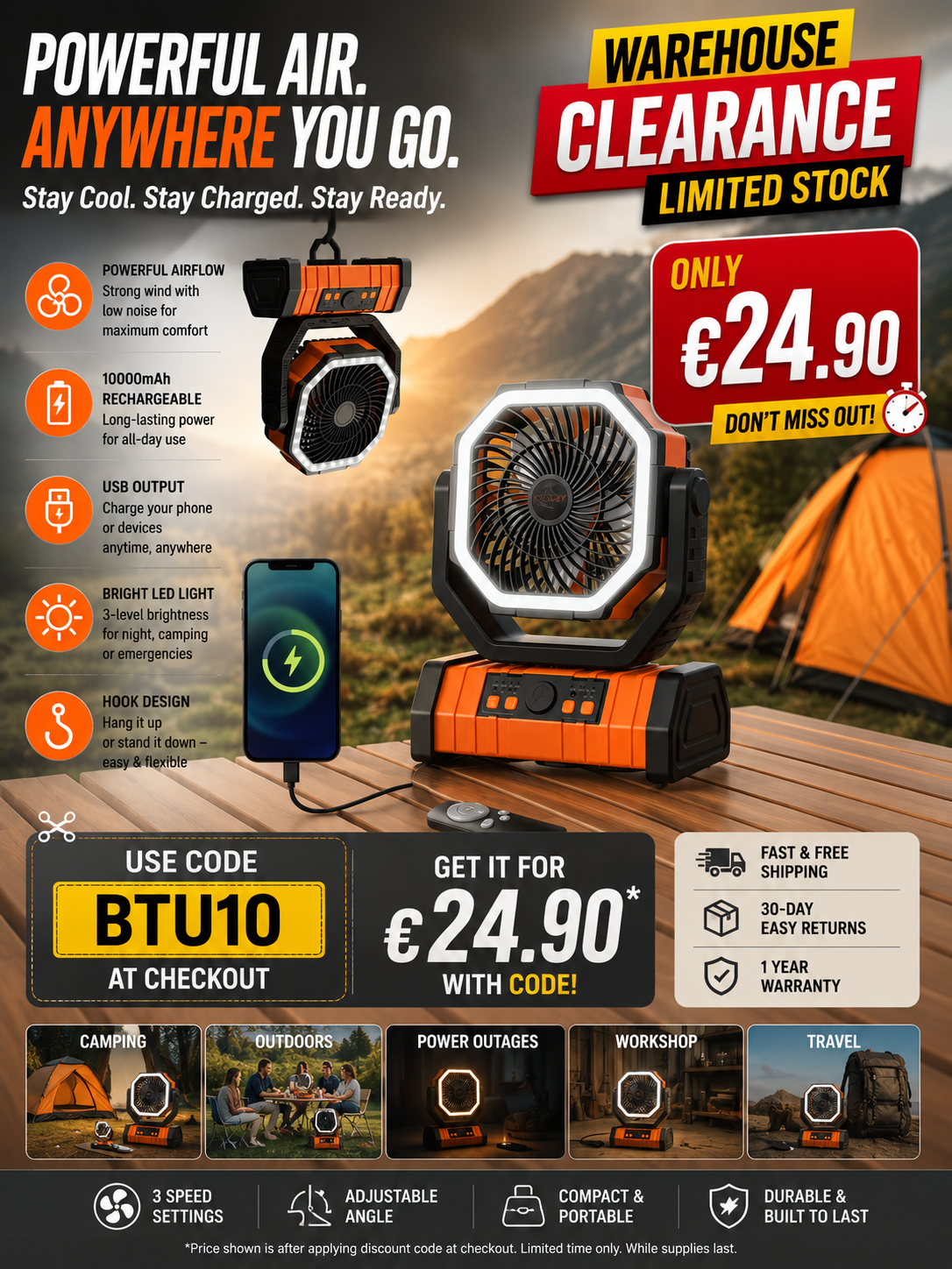 Rechargeable Camping Fan with LED Light, Portable Multi-functional Fan with 360° Rotating Hook