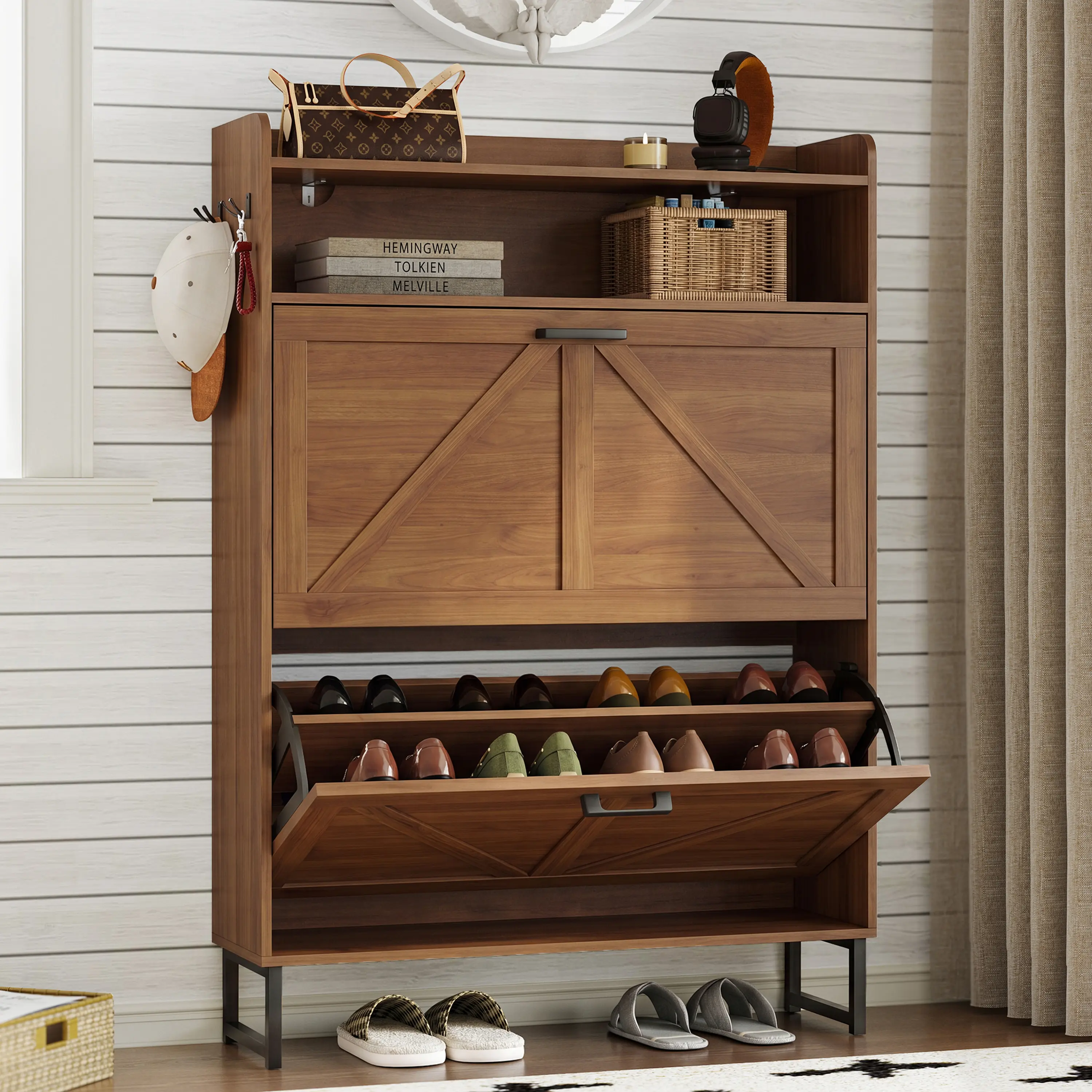 Freestanding Flip Shoe Cabinet - Slim Wooden Storage Rack