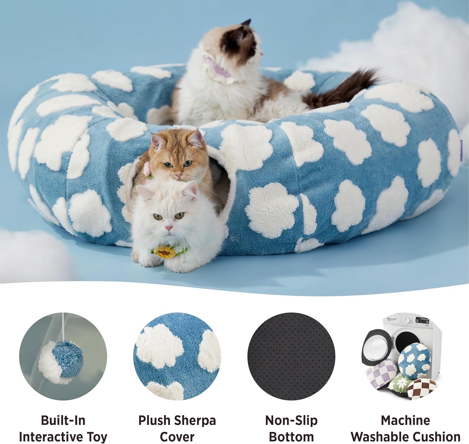 Large Cat Tunnel Bed for Indoor Cats - Cute Cat Donut Tunnel Toys for Small Large Cats with Washable Circle Cushion, Round Pet Peekaboo Cave Toy for Kitten/Puppy/Rabbit, Standard Blue