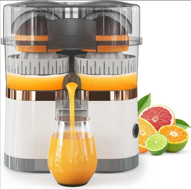 Dual-Head Electric Citrus Juicer, Electric Orange Juicer Machine with Built-in Cutter & Cleaning Brush, Portable Lemon Squeezer One Button Easy to Use for Kitchen