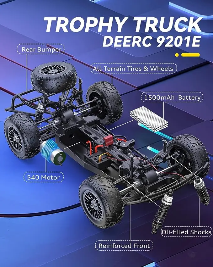 DEERC 9201E 1:10 Large Offroad Remote Control Race Car for Boys, 48 km/h Fast Short Course 4x4 PVC-Free Electric Vehicle with Lights, 2 Lithium-Ion Rechargeable Batteries, Miniature RC Cars